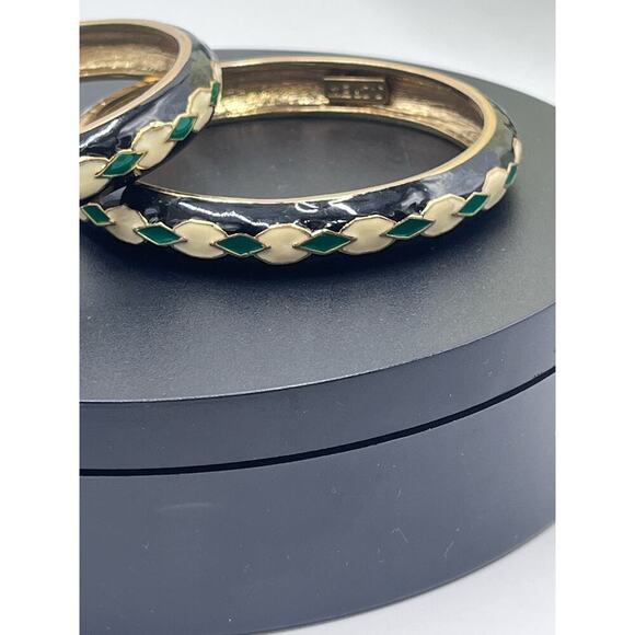 J. Crew VINTAGE 90s Enamel‎ Black White Green Statement Bangle Bracelet Set - Picture 4 of 7